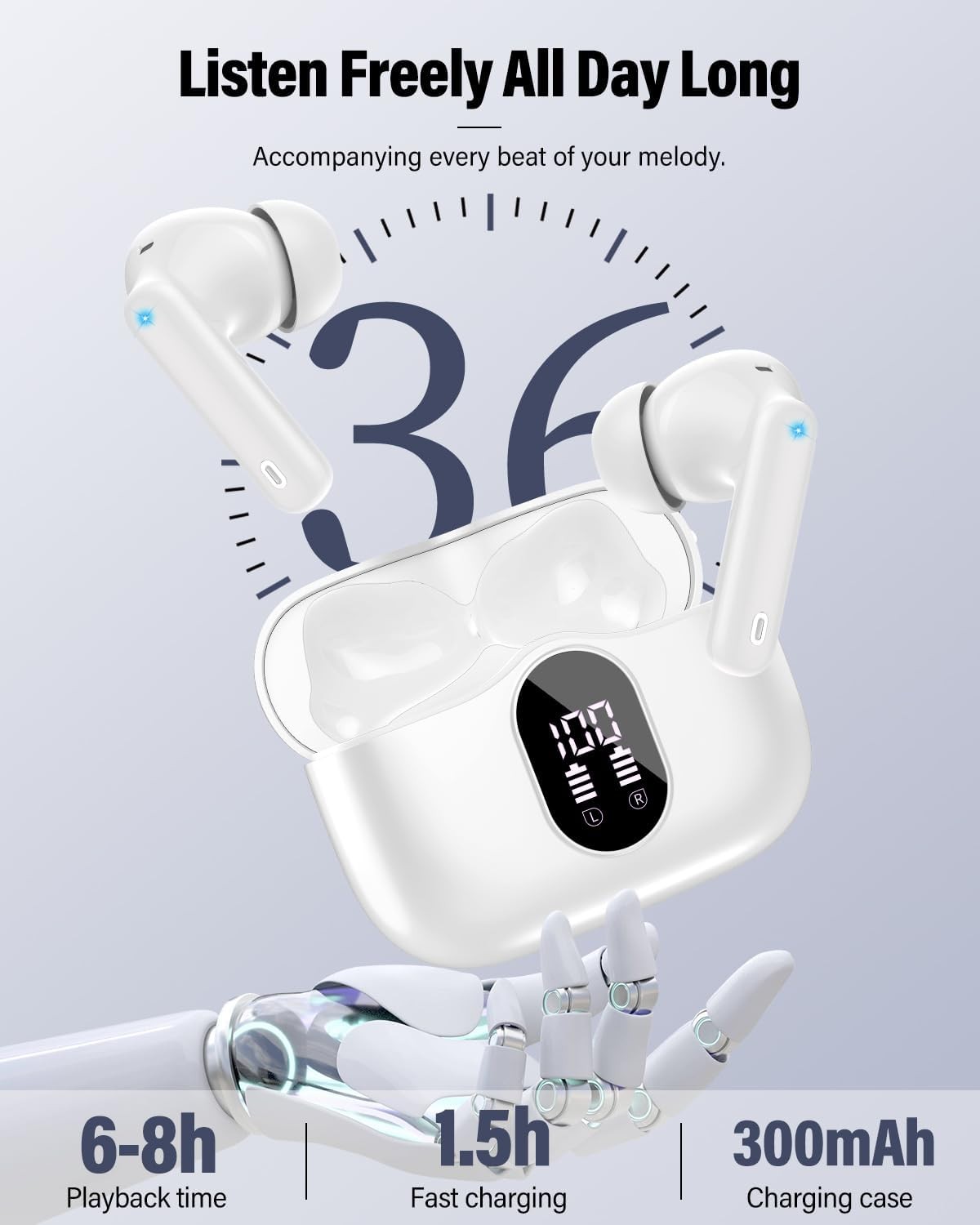 Wireless Earbuds, Bluetooth 5.4 Headphones Bass Stereo, Ear Buds with Noise Canc