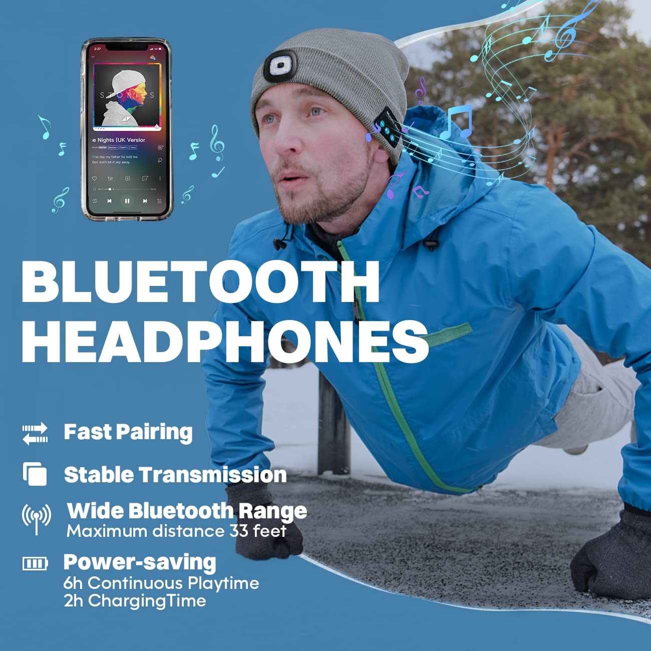 Bluetooth Beanie Hat Light Headlamp Headphones BuiltIn Speaker Men Women