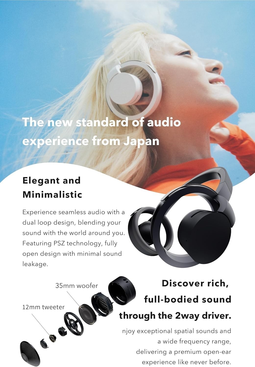 nwm ONE Wireless Open-Ear Headphones | Prevents Sound Leakage with PSZ-Dark Gray
