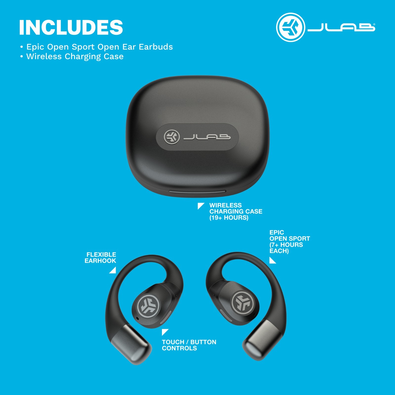 JLab Epic Open Sport Air Conduction Wireless Earbuds Black