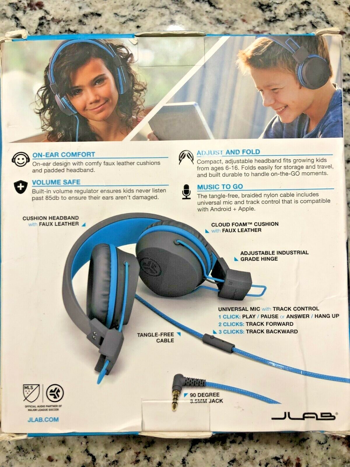 JLab JBuddies – Over the Ear Folding Headphones – GRAY & BLUE – NEW