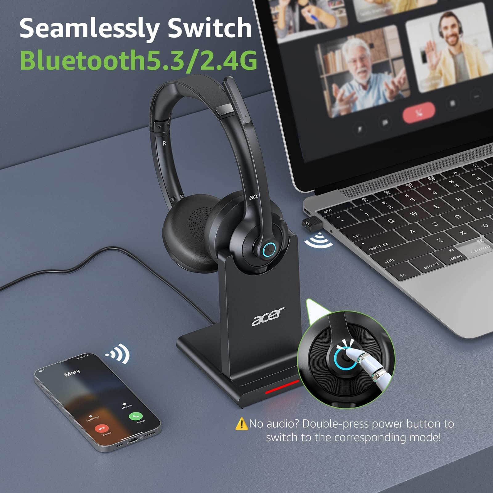 Acer HB02 Wireless Headset with Mic USB Dongle PC Cell Phone Tablet