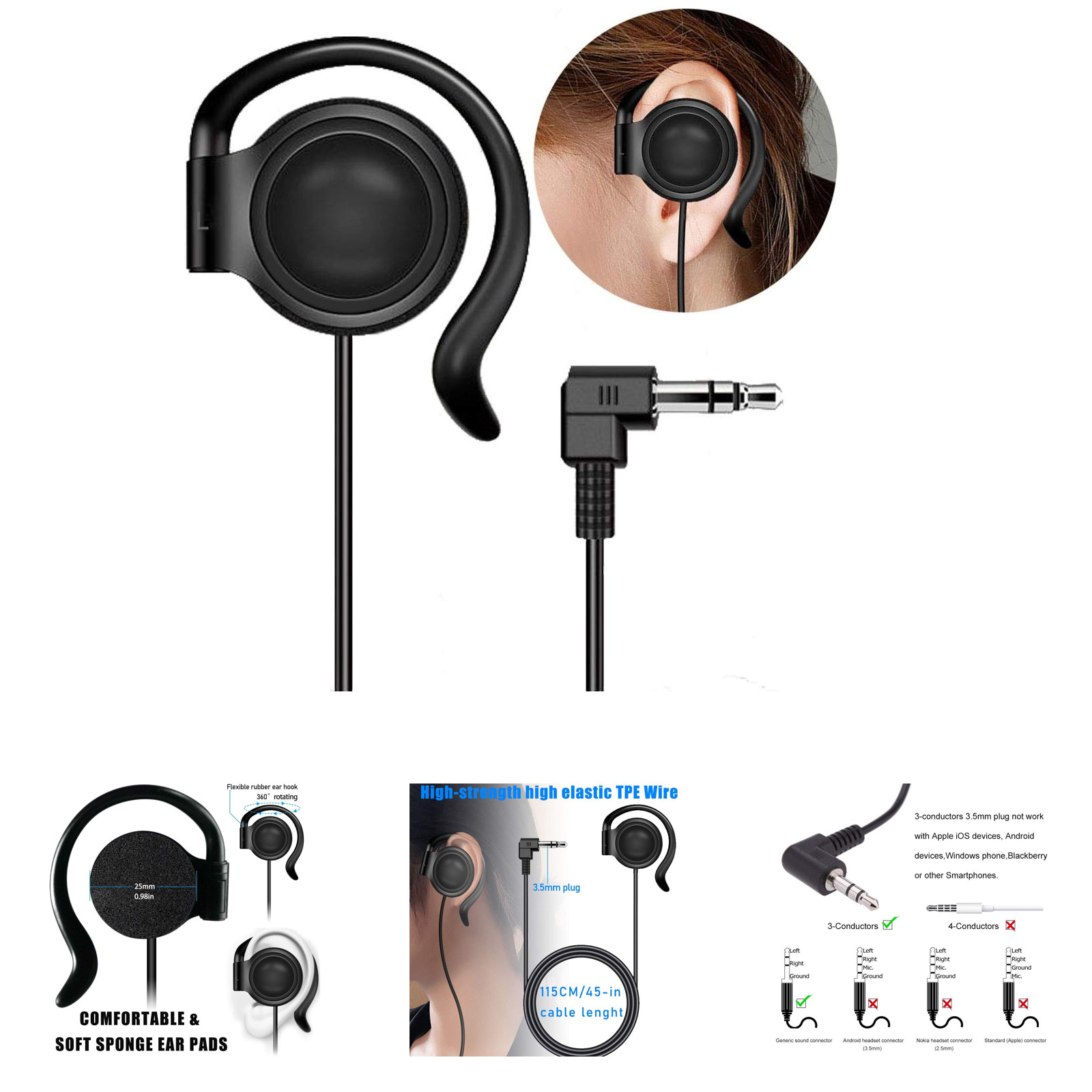 Single Earphone Earbud 3.5mm Audio Jack for Talk Radio Podcasts MP3 MP4 Laptop