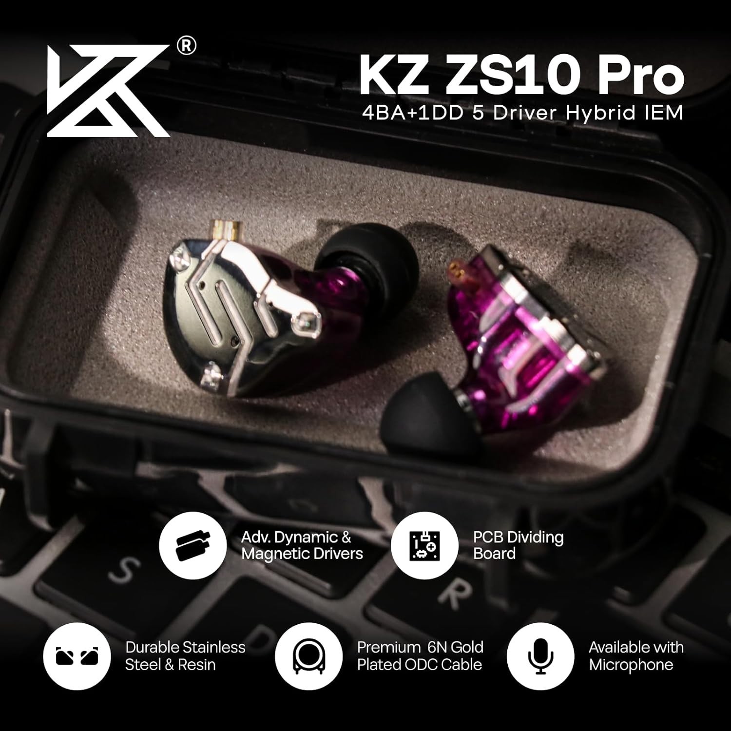 KZ ZS10 Pro In-Ear Monitor Purple 4BA+1DD Hybrid Earphones Wired No Mic
