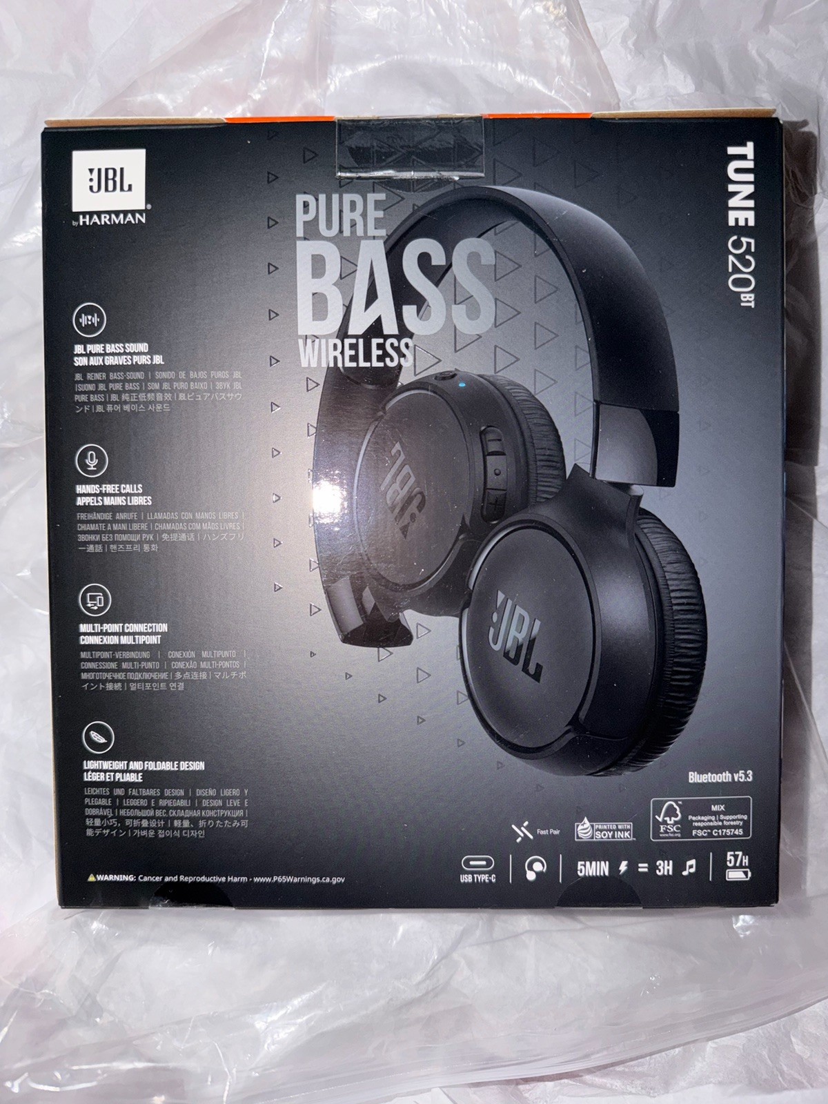 JBL Tune 520BT Bluetooth On-Ear Headphones Black New