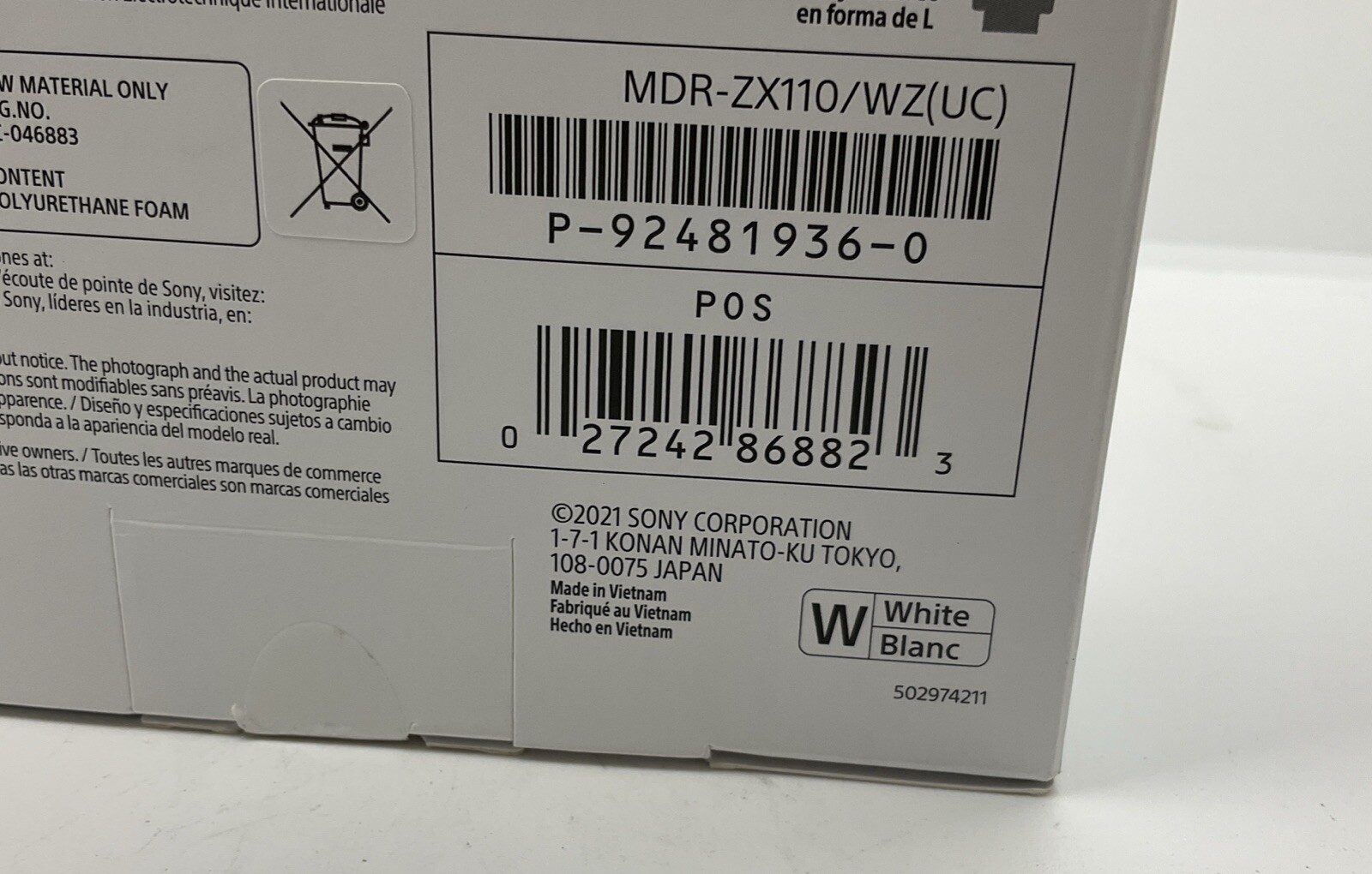 Sony ZX Series Wired On-Ear Headphones, White MDR-ZX110 Airplane Headphones