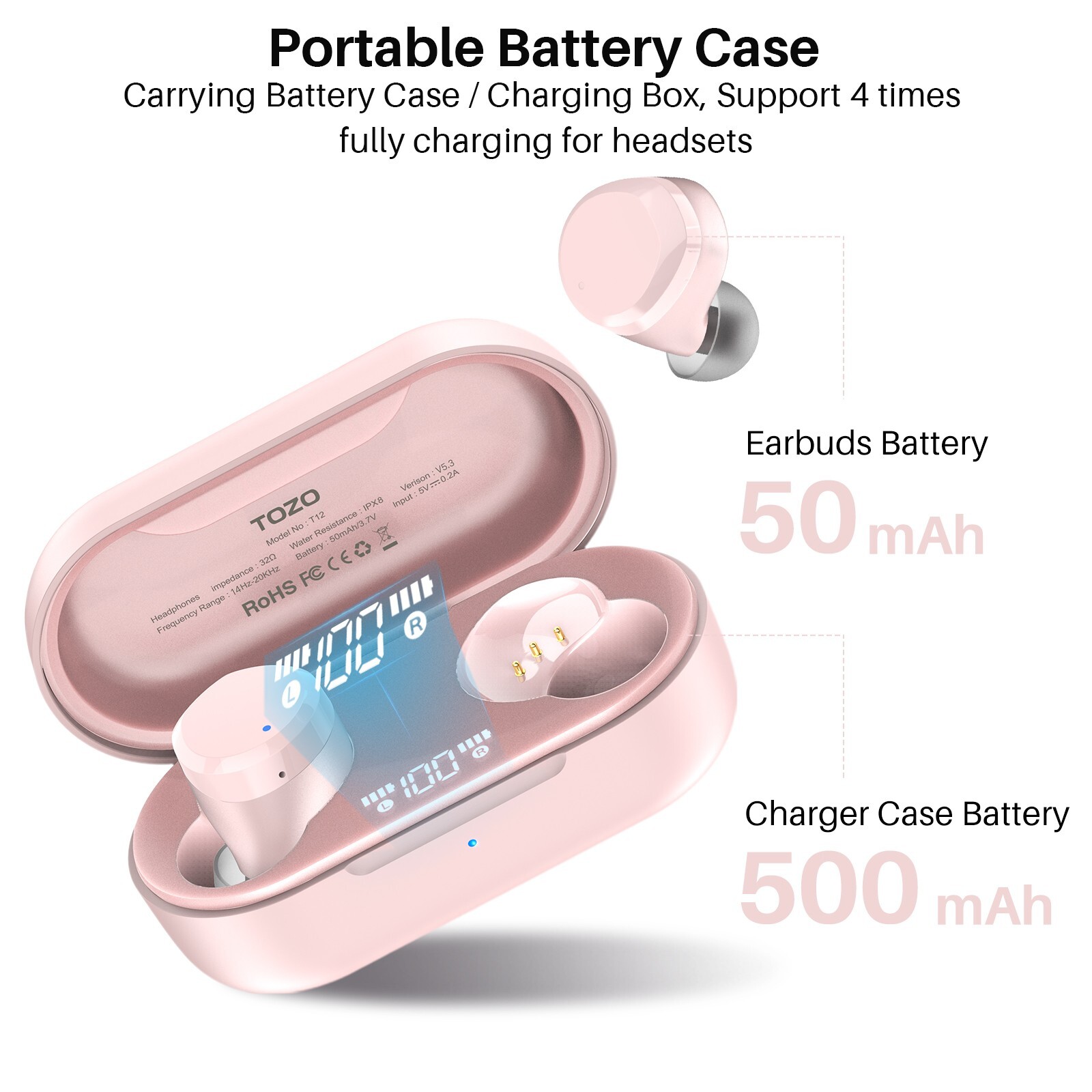 TOZO T12 Bluetooth Wireless Earbuds with LED Digital Display Waterproof IPX8