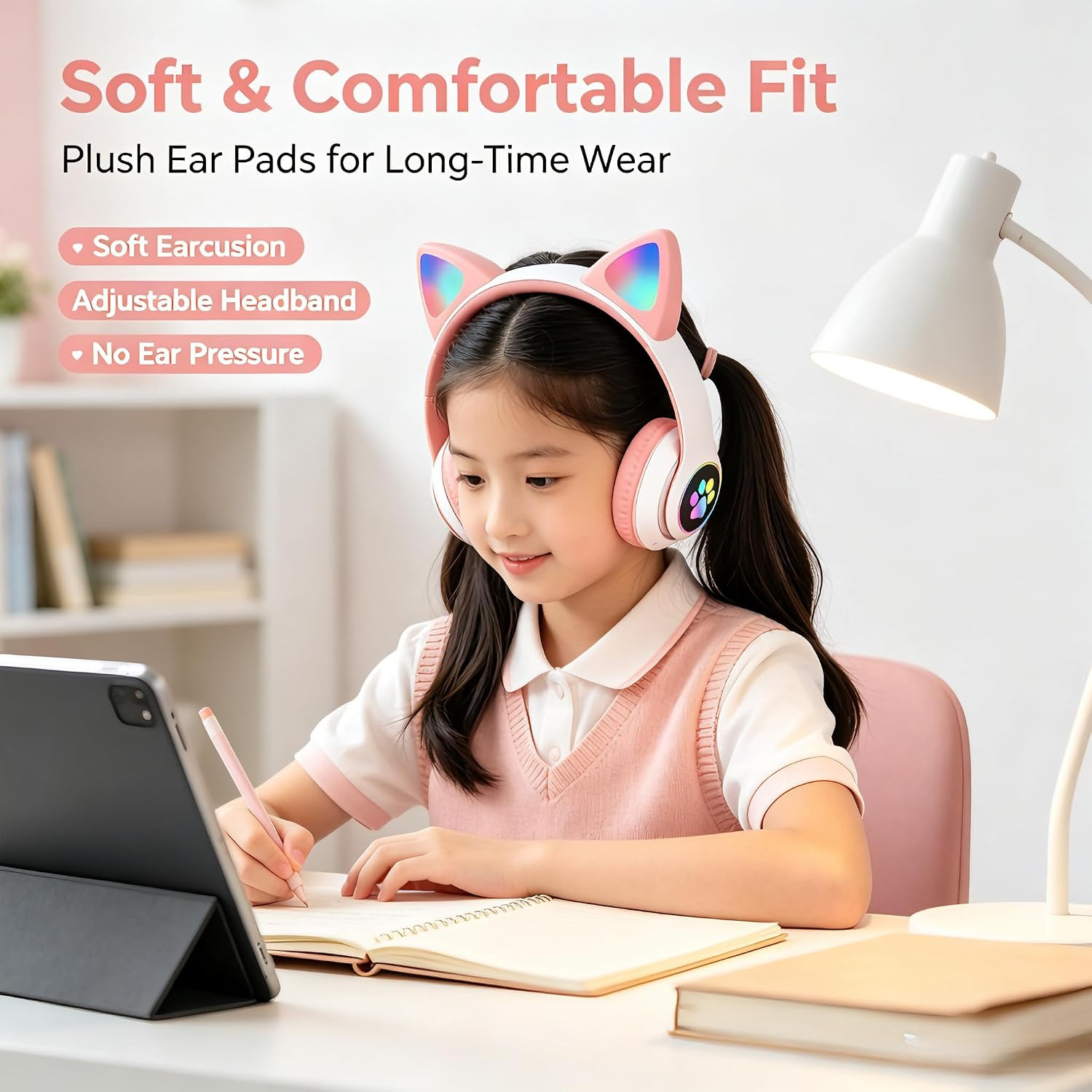 Cat Ear Bluetooth Headphones LED Wireless Foldable Over Ear Kids Adults White