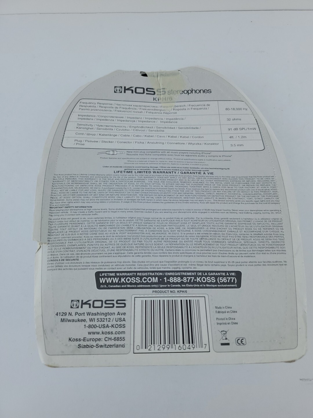 Koss KPH/6 Portable Stereophone Ultra Light Headphones Inline Volume Control