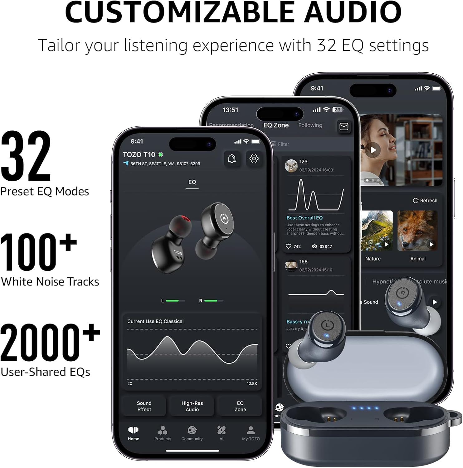 T10 Wireless Earbuds Bluetooth 5.3 Headphones, App Customize EQ, Ergonomic Desig