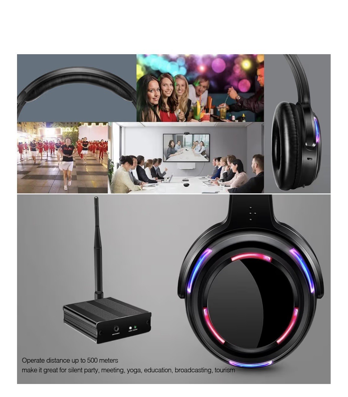 AYVVPII Wireless Silent Disco LED Light 10xHeadphones + 1 Transmitter 500M Range