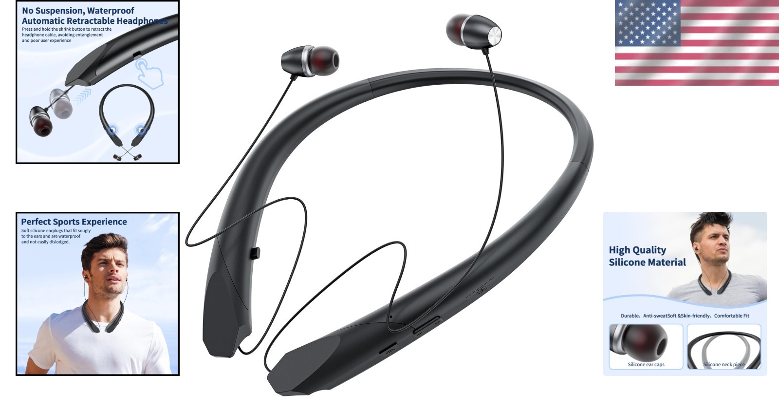 Neckband Bluetooth Headphones Retractable, Wireless Headset with BLACK