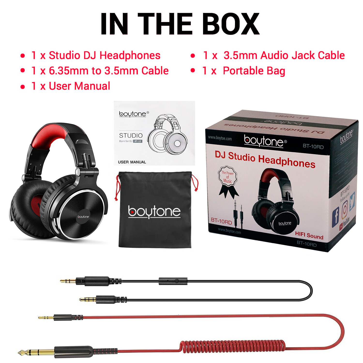 Boytone BT-10RD Wired Over Ear DJ Headphones, Studio Monitor & Stereo headphone