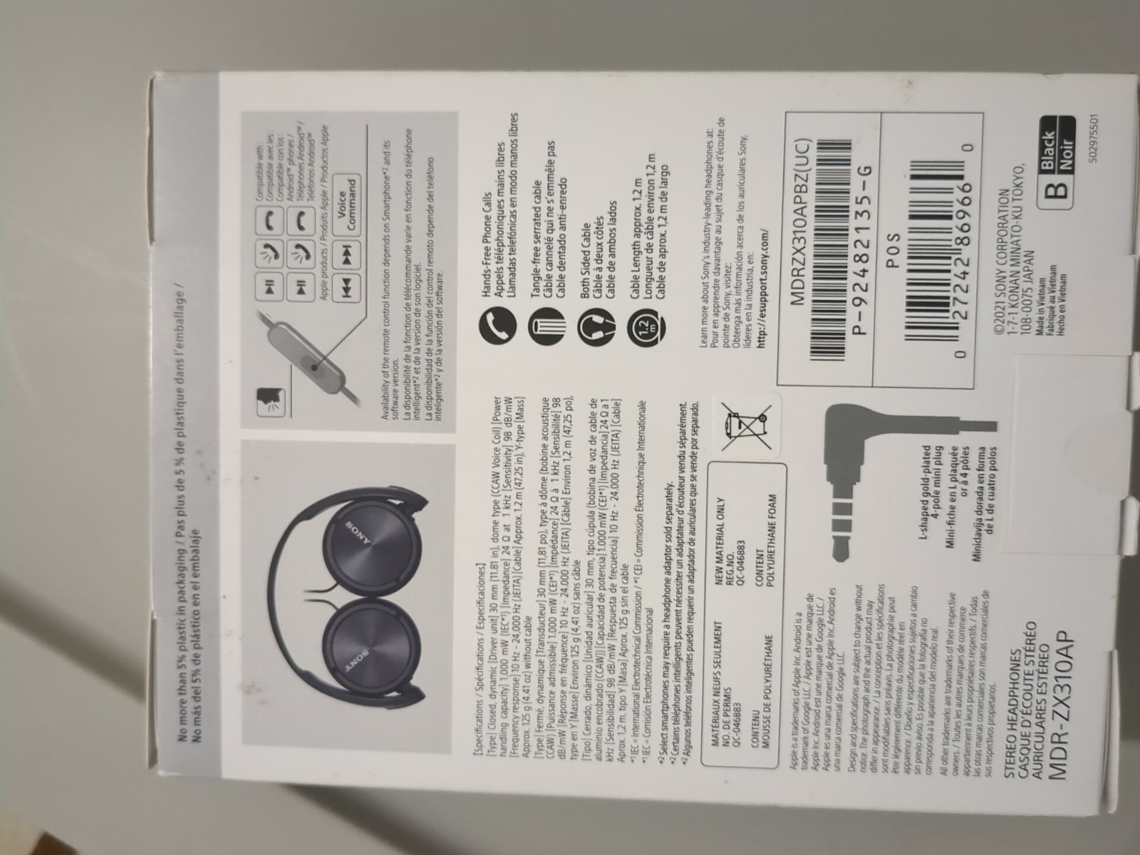 Sony Headphones Model MDR-ZX310AP Stereo Monitor Over-Head Wired Black – New