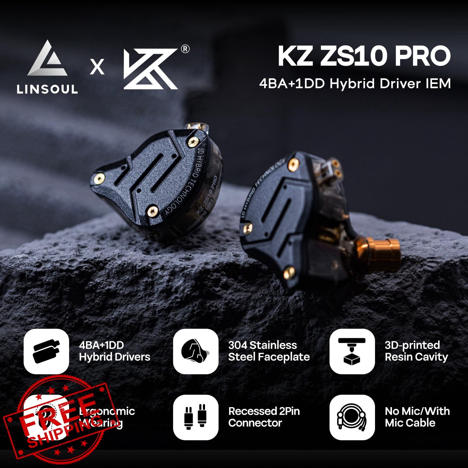 Linsoul KZ ZS10 Pro Dark Black 4BA+1DD IEM Earphones No Mic