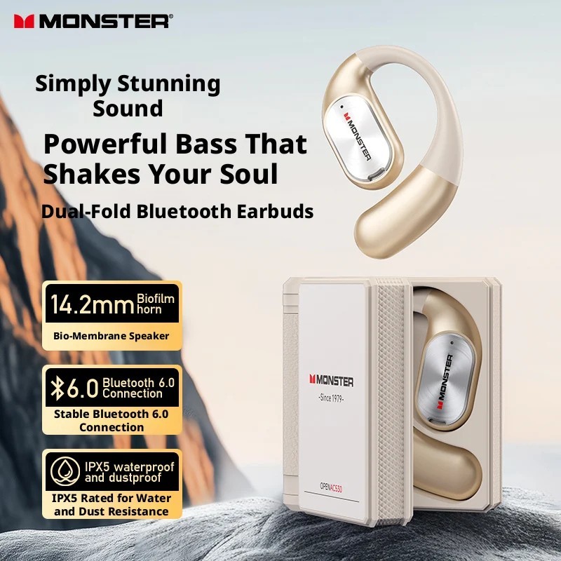 Monster AC530 Wireless Earbuds Open Bi-Folding Bluetooth 5.3 Sport HiFi Headset