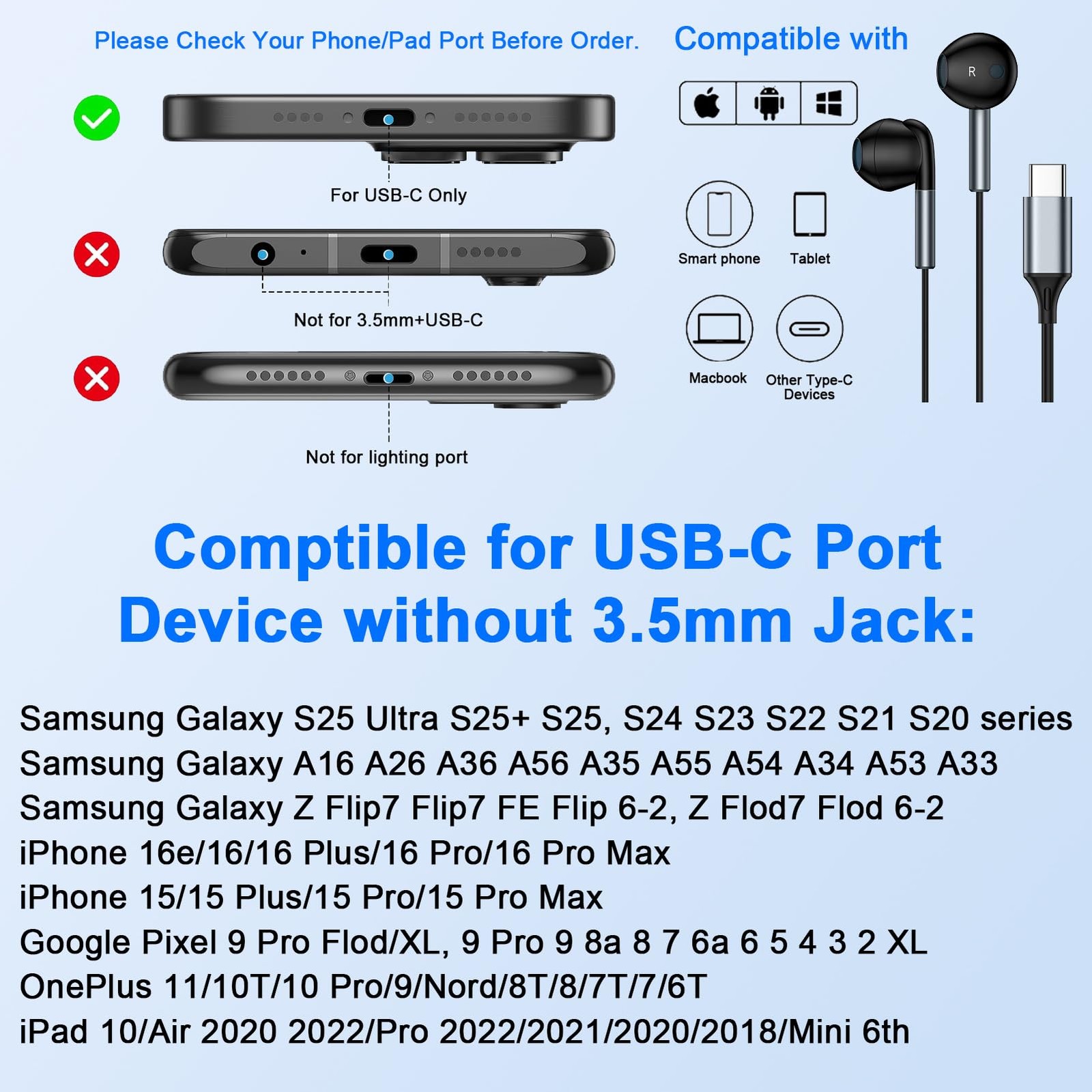 USB C Headphones Wired Ear Buds for Samsung Galaxy A17 A16 Z Fold 7 Z Black