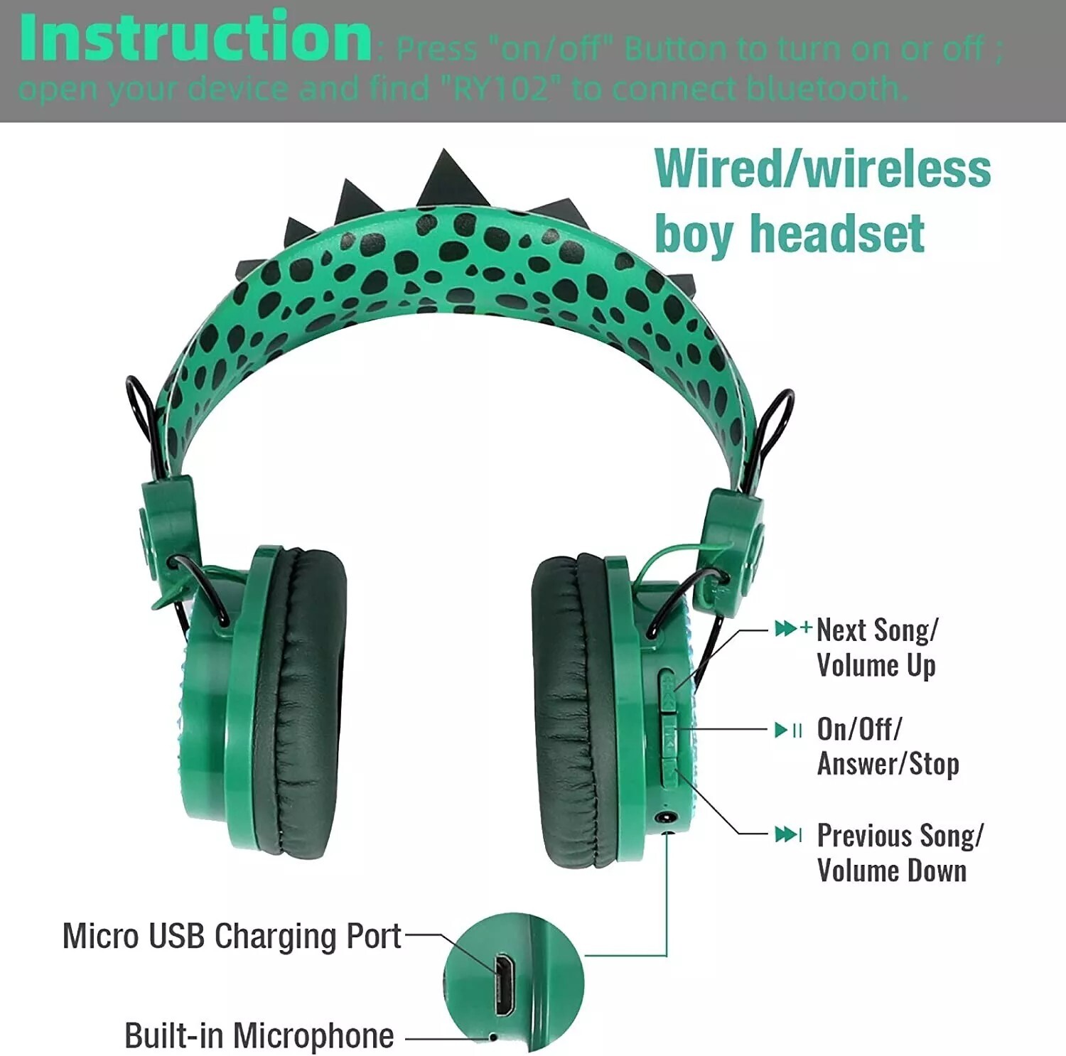 Dinosaur Wireless Headphones for Kids, Bluetooth Over Ear Gaming Headset w/ Mic