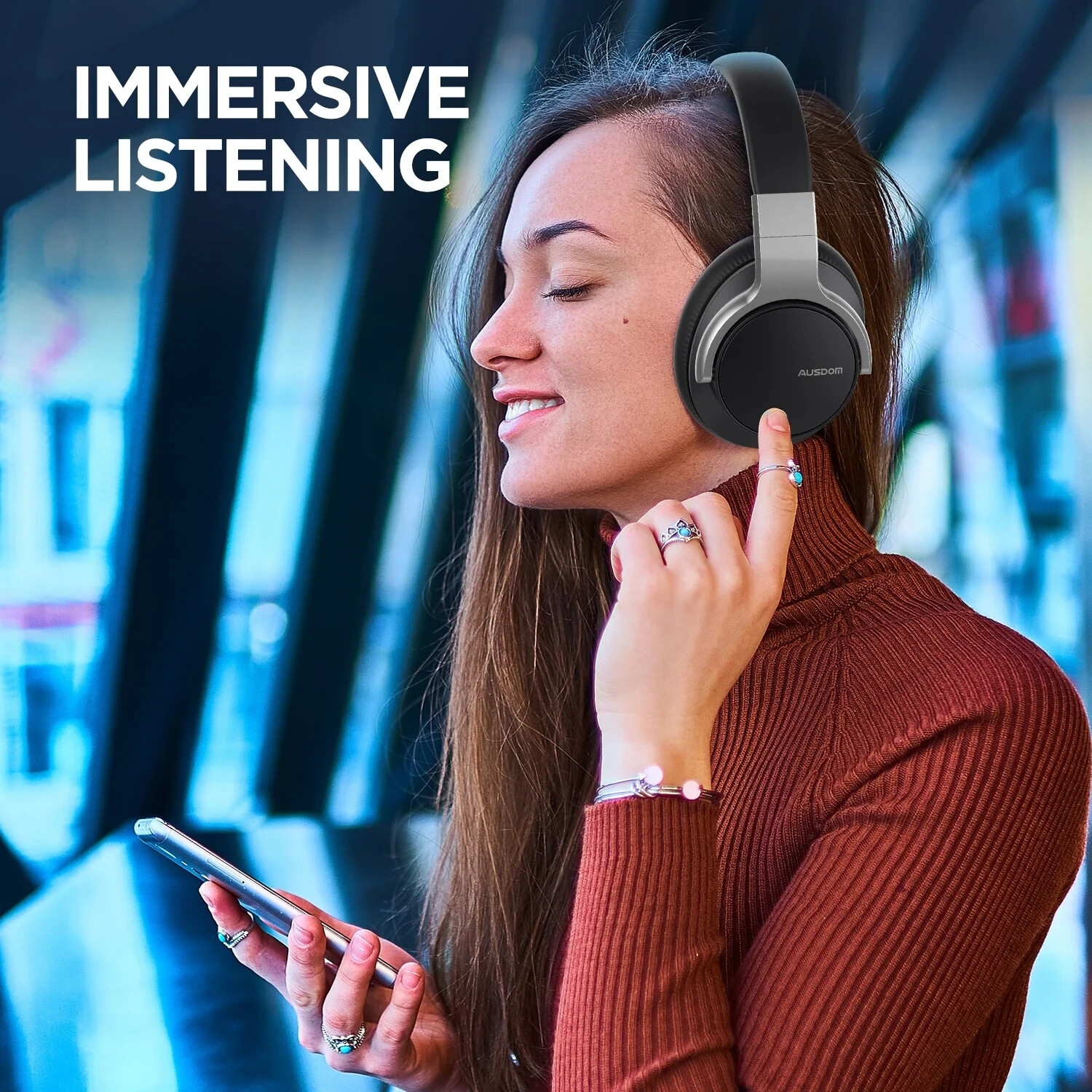 AUSDOM E7 Active Noise Cancelling Headphones, Wireless over Ear Bluetooth 5.0 He