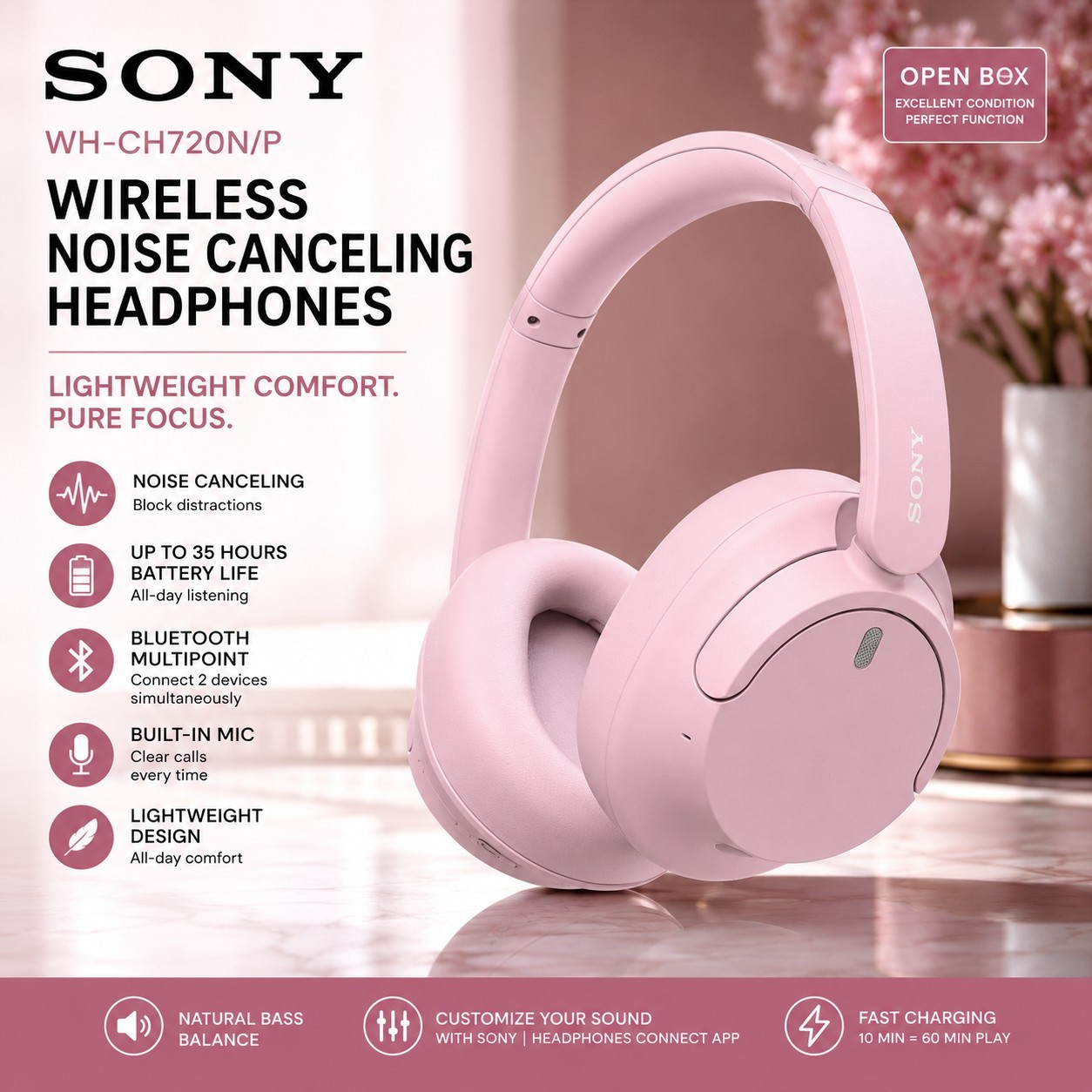 Sony WH-CH720N/P Wireless Noise Canceling Bluetooth Headphones Pink Open Box
