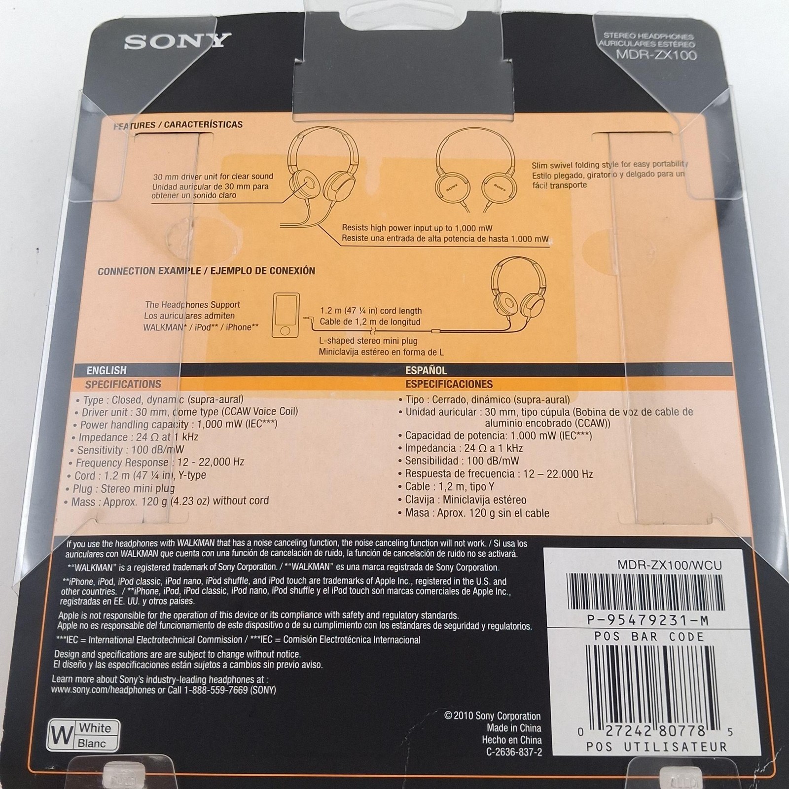 Sony MDR-ZX100 On-Ear Headphones White Closed Back Stereo Foldable 3.5mm L-Plug