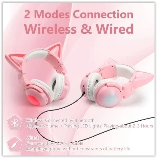 Cute Cat Ear Bluetooth Headphones for Kids & Adults, LED Lights, Foldable NOB