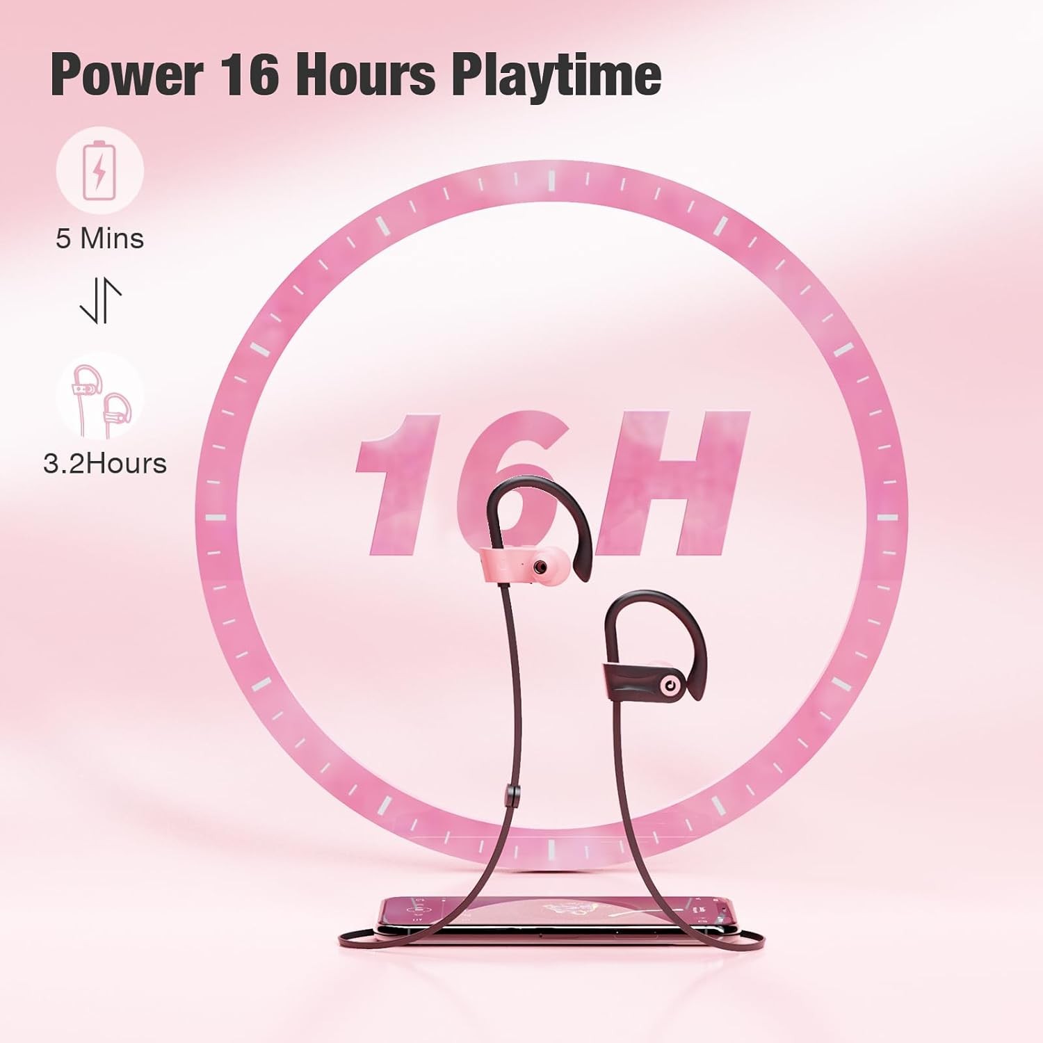 Boean Bluetooth Headphones, Wireless Earbuds with 16 Hours 5.3 Pink