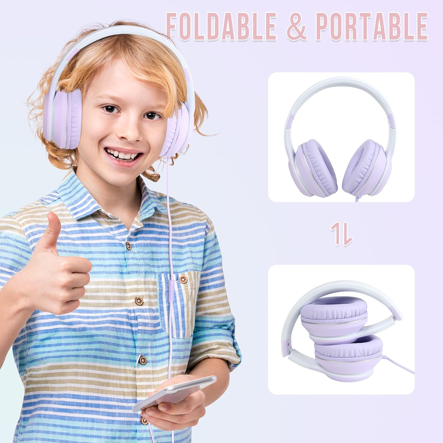 Rockpapa L22 Wired Headphones for Kids Girls Boys Women with Microphone, Foldabl