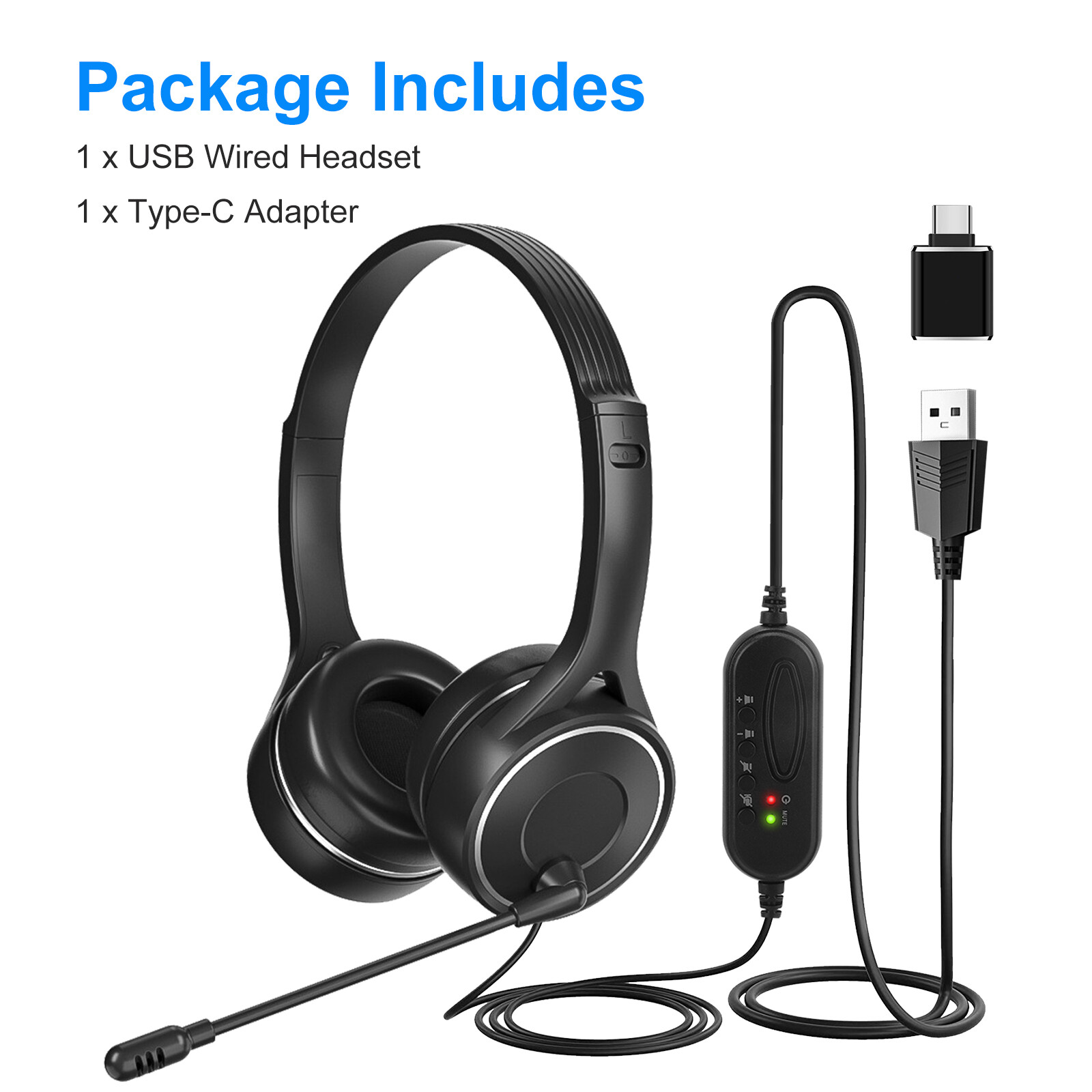 USB Headset Built-in Noise Cancelling Microphones Stereo Wired Mic for PC Laptop