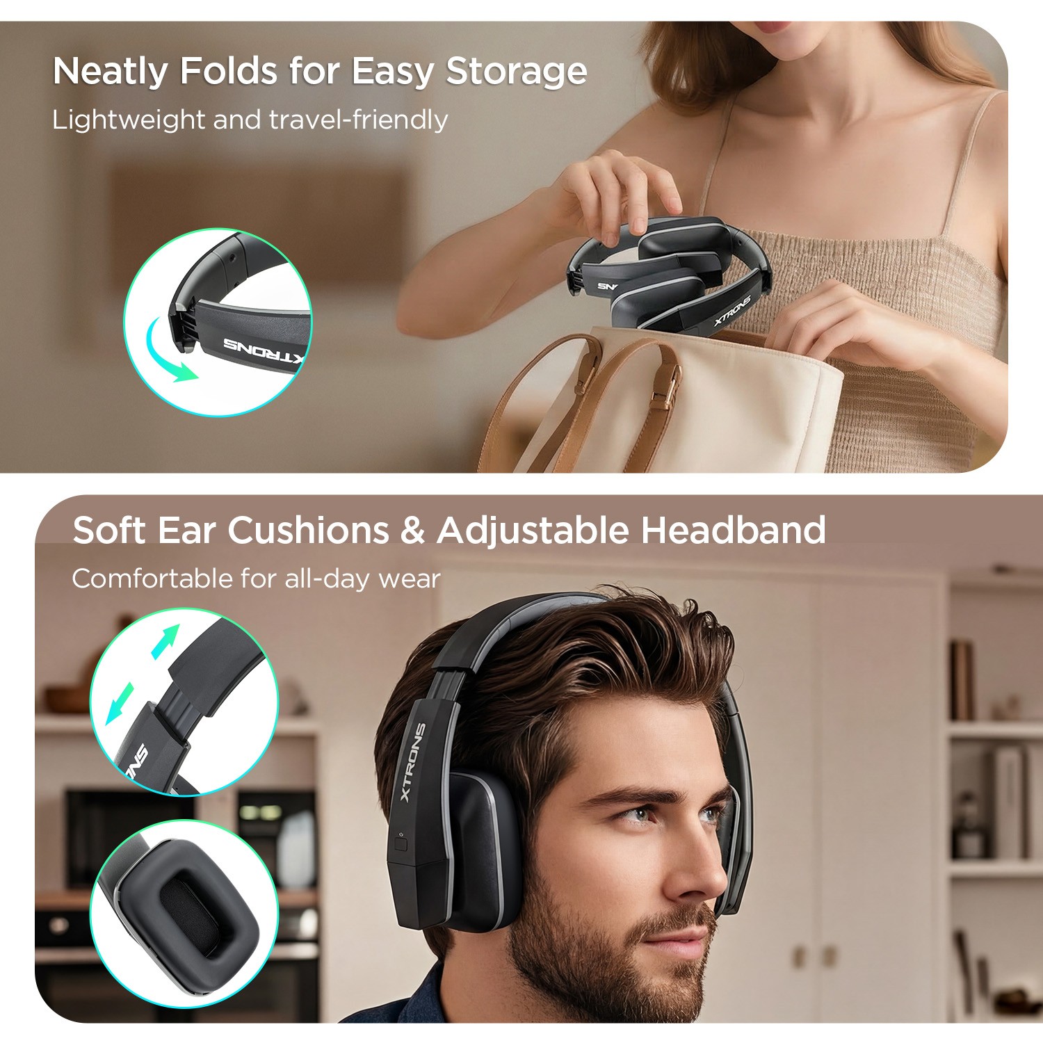 2X XTRONS Portable Bluetooth 5.3 Headphones Foldable Wireless Over Ear Headset