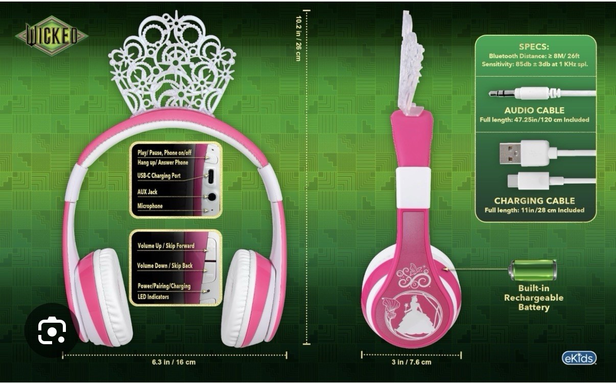 Wicked Bluetooth Wireless Headphones For Kids Pink/White With Crown & Bonus Deta