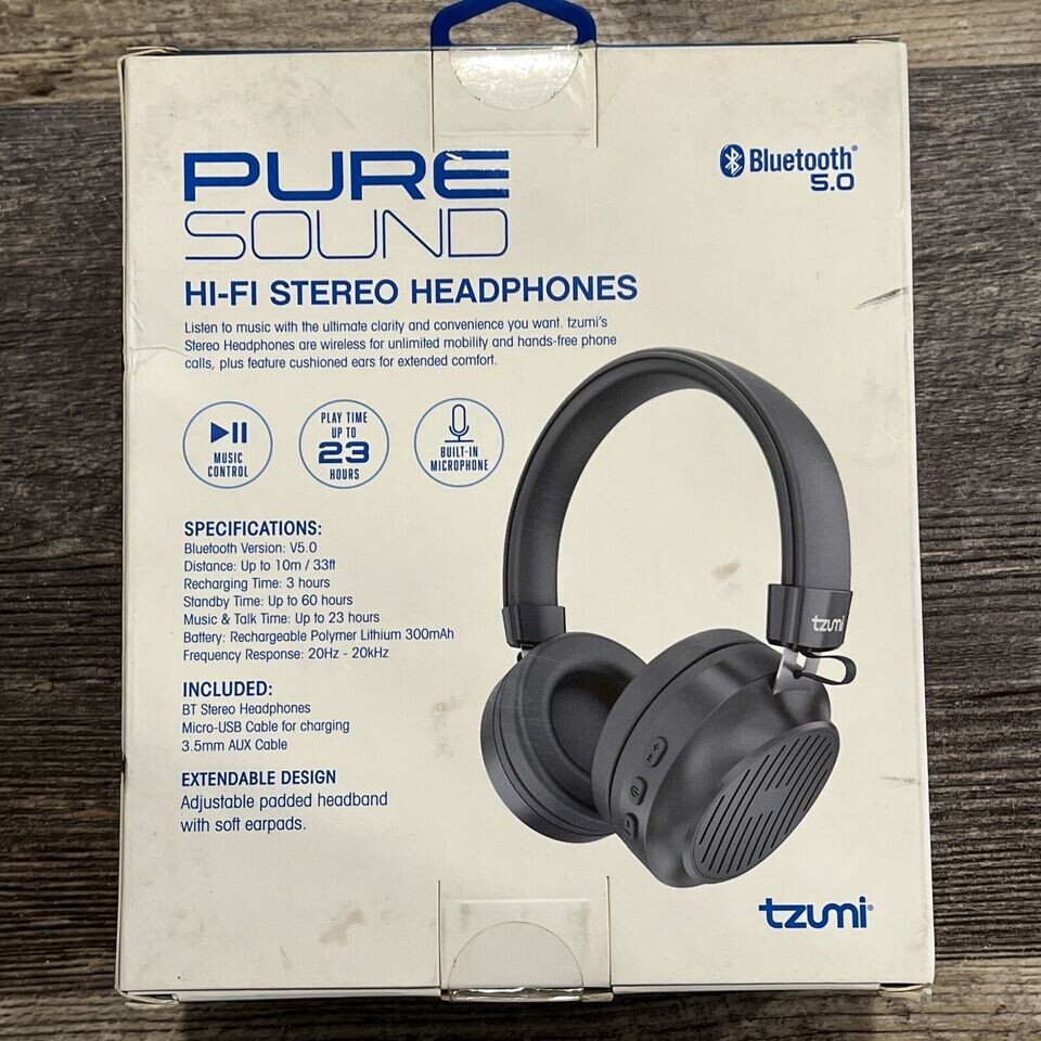 Tzumi Bluetooth 5.0 Pure Sound Hi-Fi Stereo Headphones With Microphone New