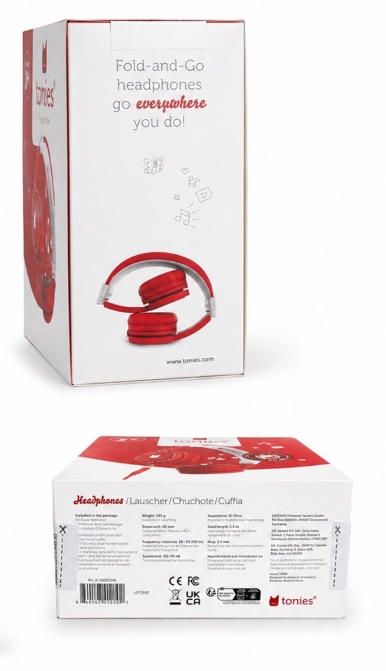 New tonies Fold-and-Go On-Ear Wired Kids Headphones Red/White 3.5mm Foldable