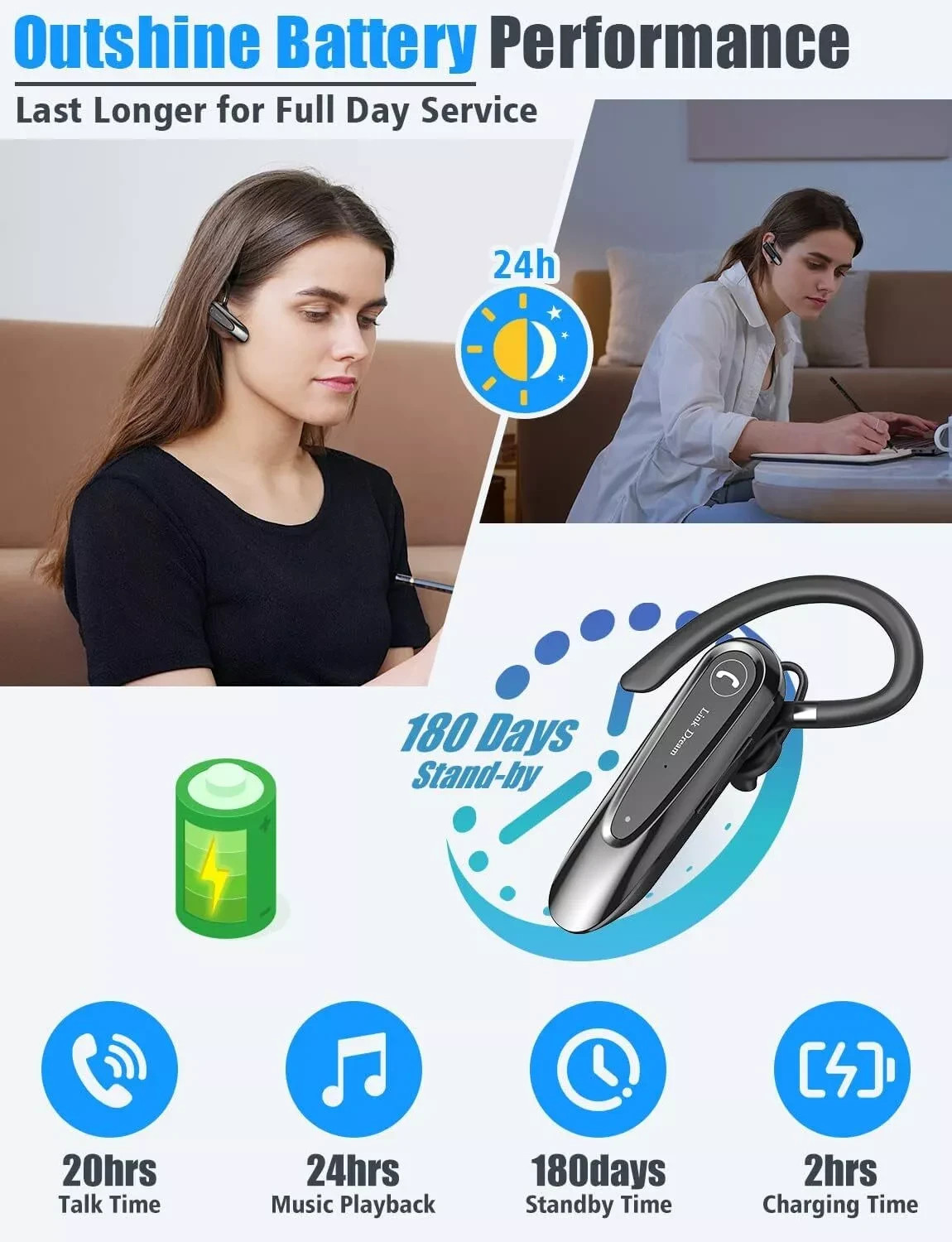 Link Dream Bluetooth Earpiece Wireless CVC8.0 Headset for Cell Phone Dual Mic
