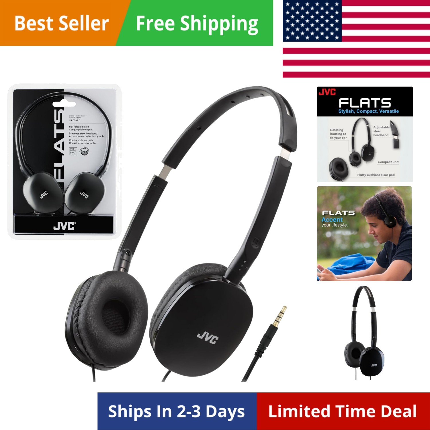 Flats On-Ear Wired Headphones – Flat Foldable Design – 30mm Driver for Powerf…