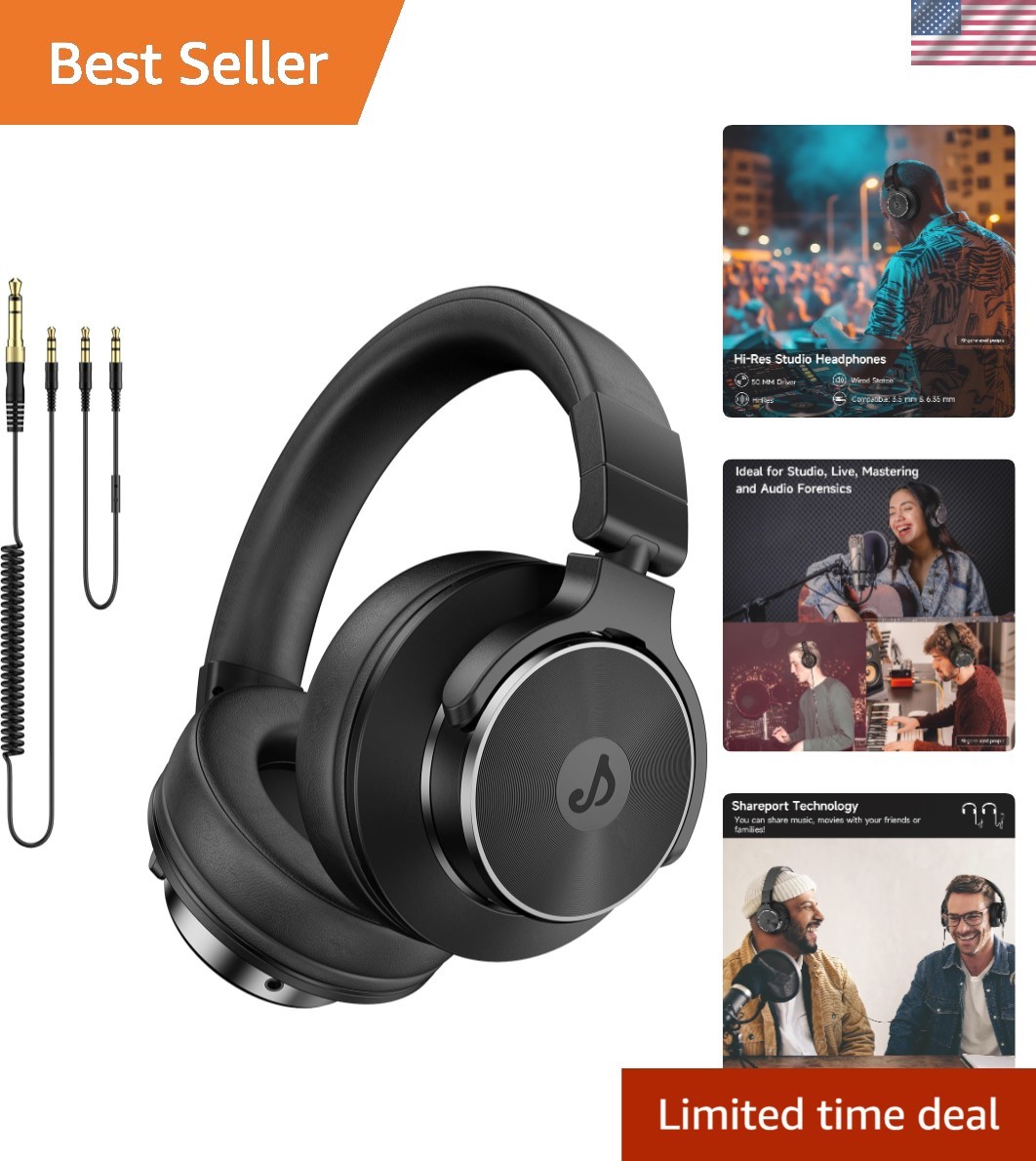 Professional DJ & Studio Headphones with Sound Isolation – 50mm Drivers, Black