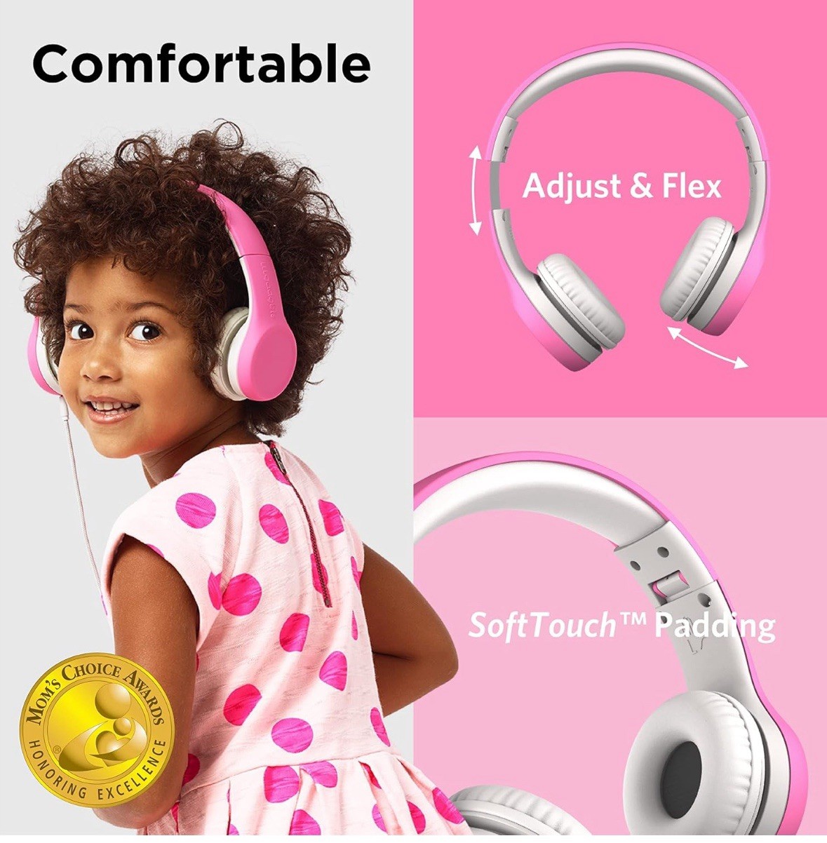 LilGadgets Kids Headphones for School – Ages 3+, On-Ear, Foldable, Wired Pink