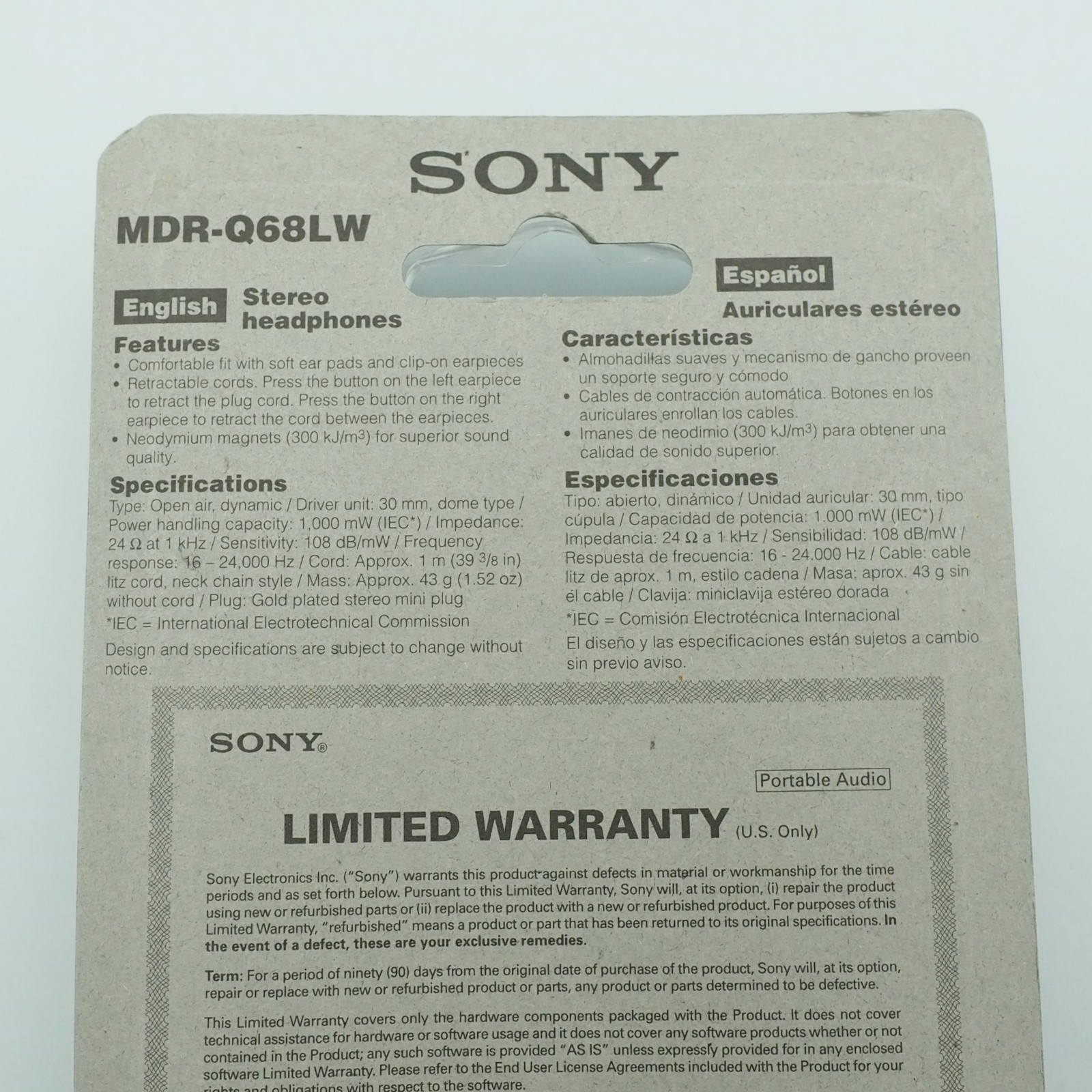 Sony Wired Stereo Headphones Over Ear Hook MDR-Q68LW Retractable Cord New