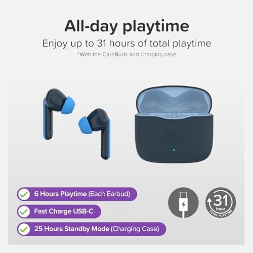 myFirst Carebuds Kids Earbuds Ear Pods – Also for Adults, Bluetooth, Space Blue
