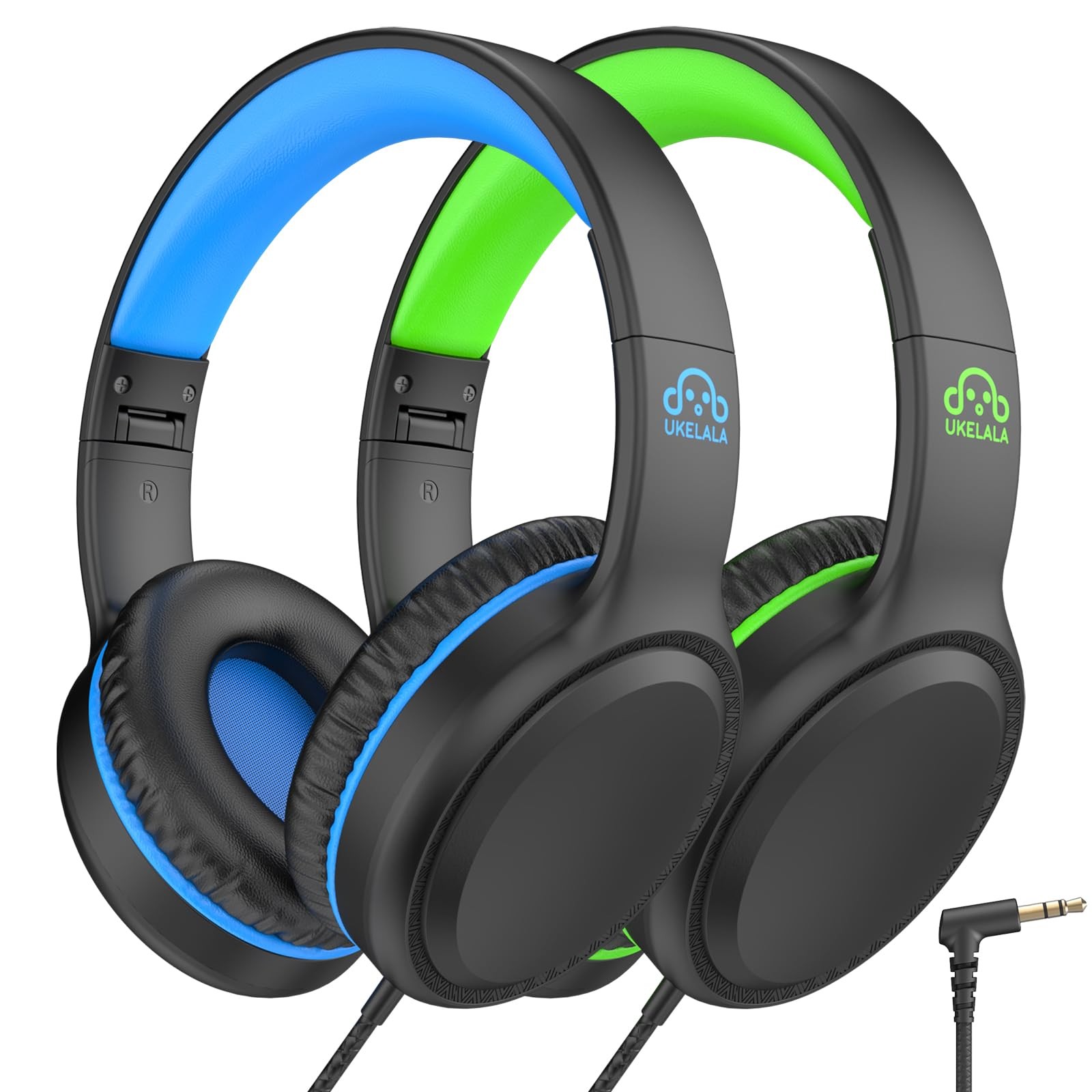 2 PCS Wired Kids Headphones On Ear Youth School Airplane Travel Green Blue