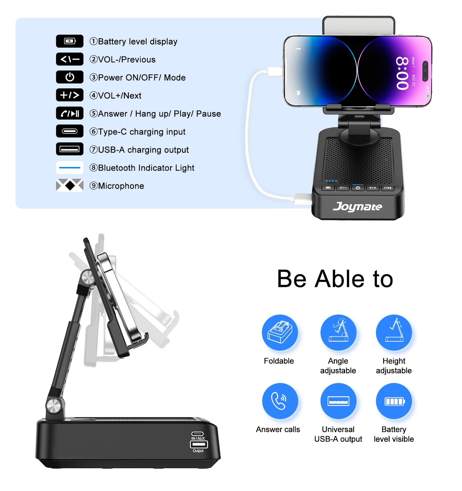 Joymate Gifts for Men Women, Phone Stand with Bluetooth Speaker and Black