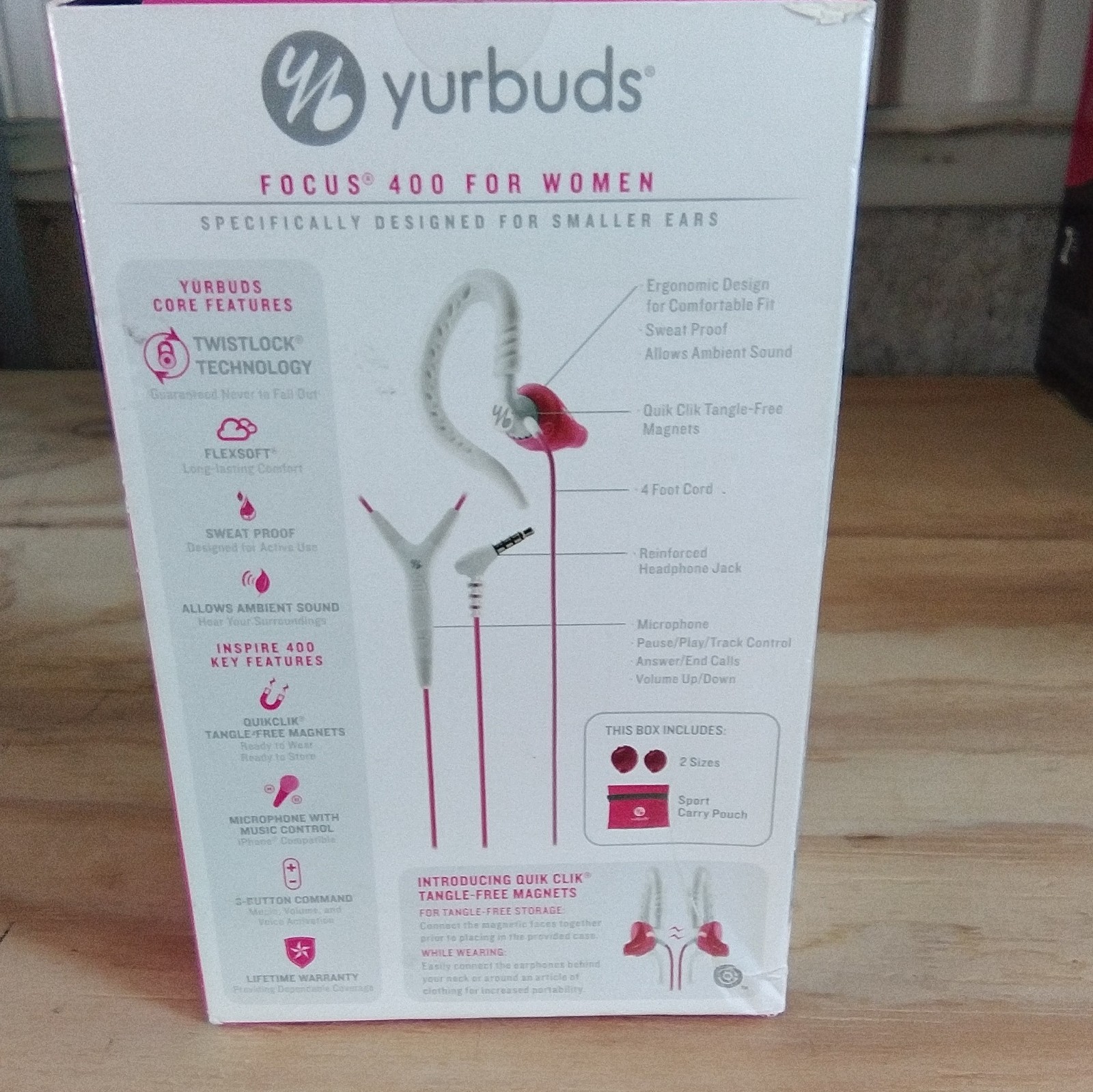 yurbuds Focus 400 Women’s Sport In-Ear Earbuds Pink/White 3.5mm 4ft Mic
