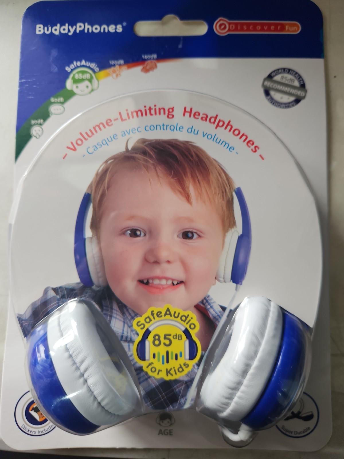 BuddyPhones DiscoverFun Wired Kids Headphones – Blue, Safe Audio, 3.5mm – NEW