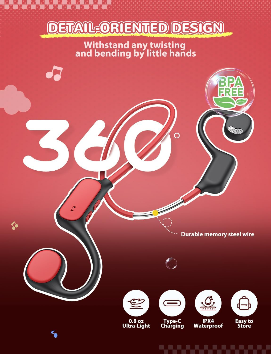Kids Headphones, Bluetooth 5.4 Air Conduction Open Ear Headphones, Safe Volume 7