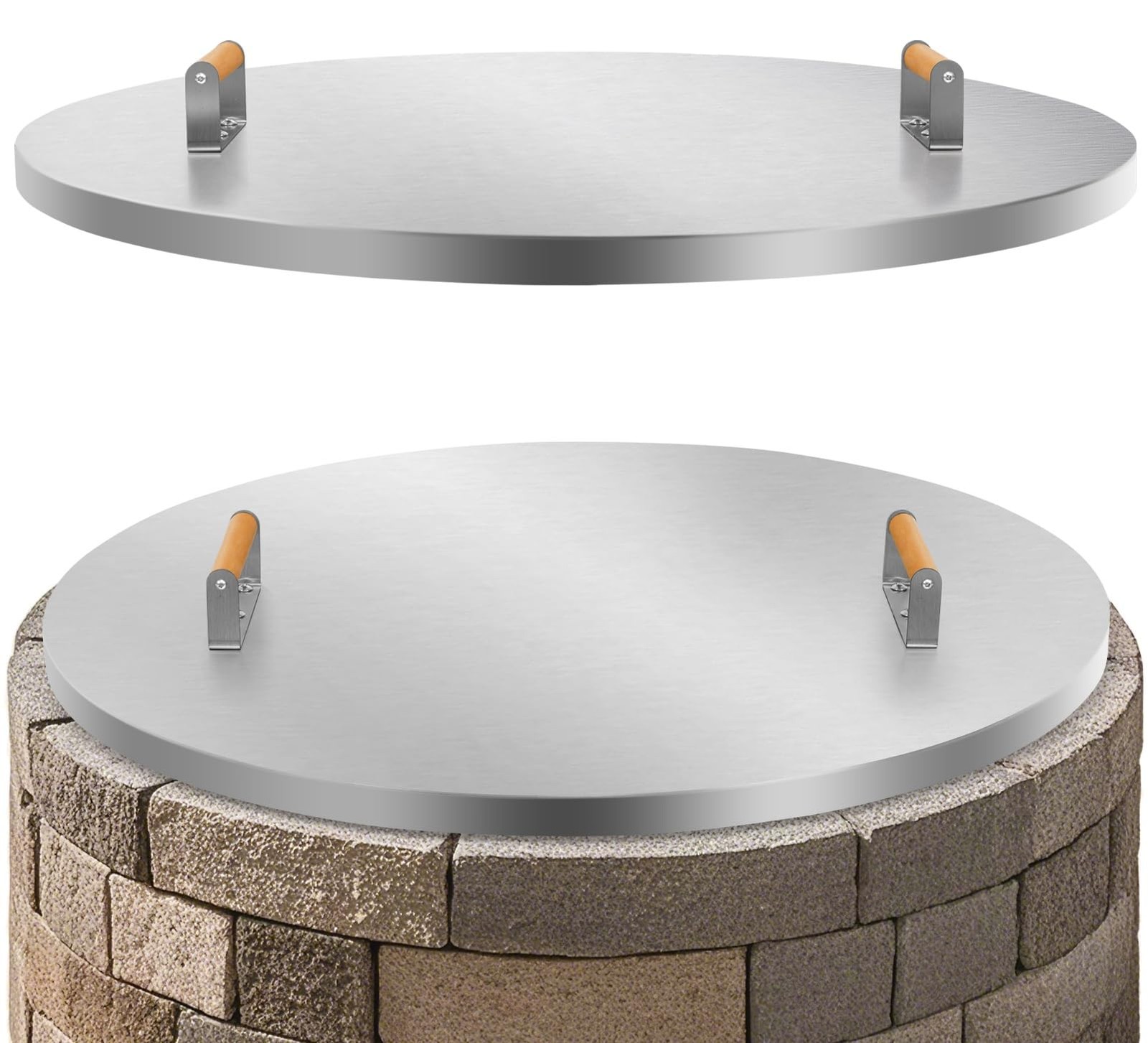Fire Pit Lid Round 34″ – Stainless Steel Firepits Cover with Wooden Handles f…