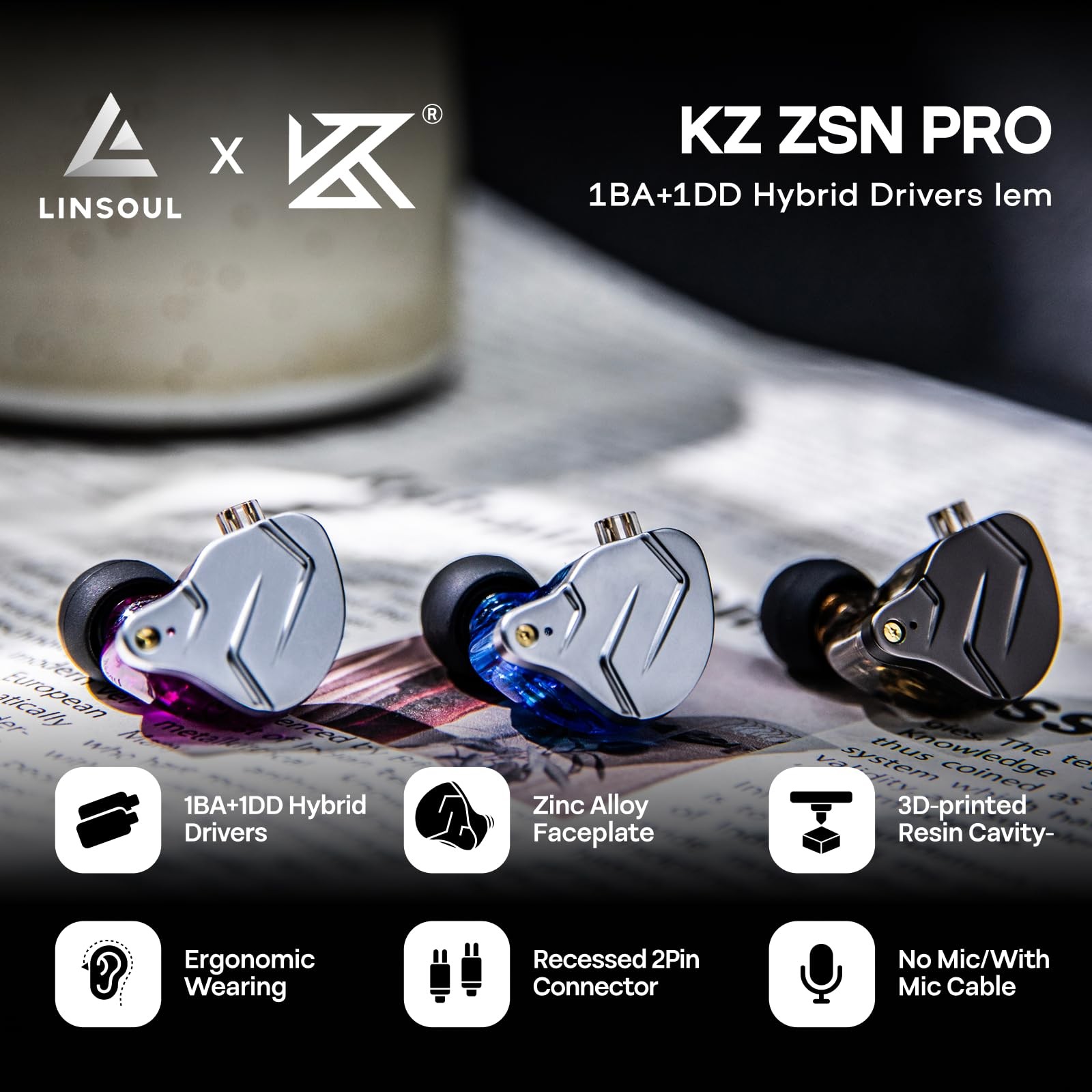 Linsoul KZ ZSN Pro Dual Driver 1BA+1DD Hybrid Metal Earphones Normal, Black