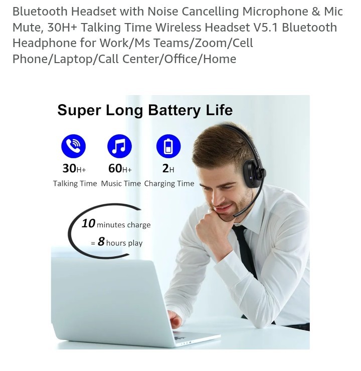 Wireless Blue Headset Noise-Canc Microph Bluetooth Computer/Cell Phone/Laptop