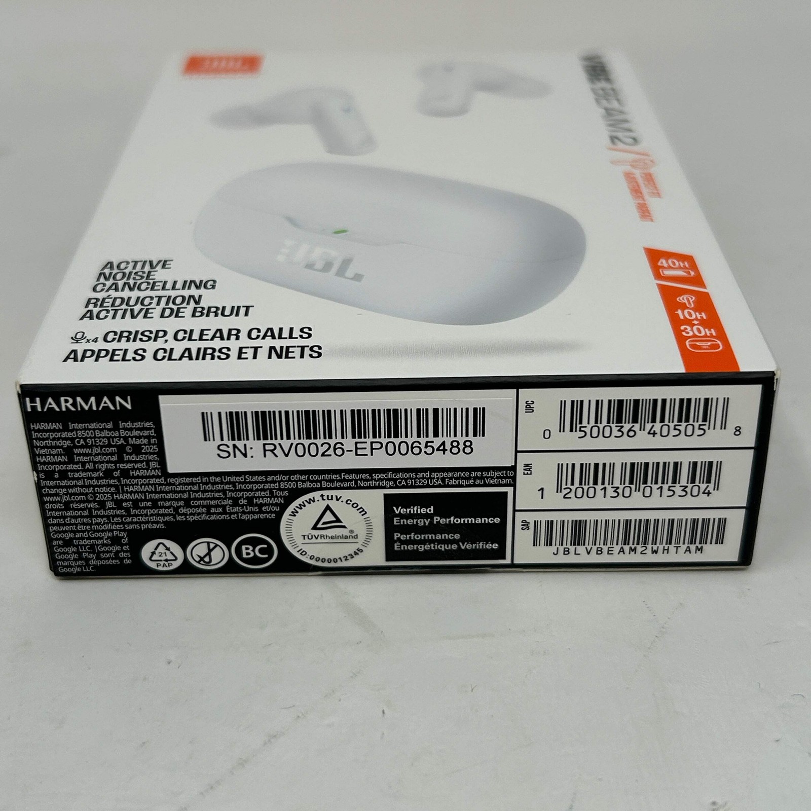 New JBL Vibe Beam 2 Wireless Noise Cancelling Earbuds White JBLVBEAM2WHTAM