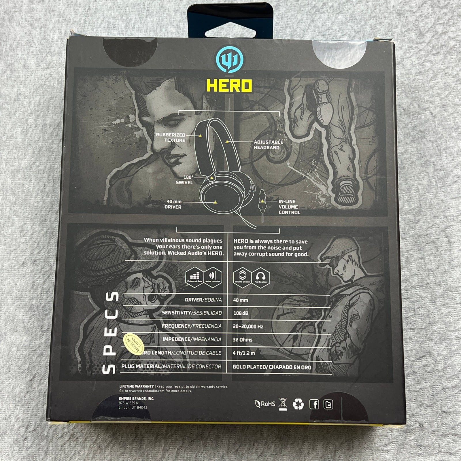 NEW Wicked Audio Hero Headphones Black Yellow Blue WI-8310 Wired Bass Folding