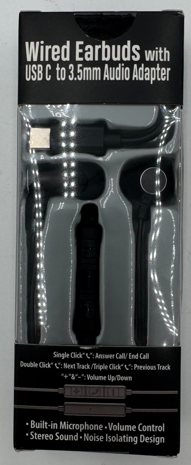 Wired Earbuds w/ USB-C to 3.5mm Audio Adapter NEW Black In-Ear Headphones